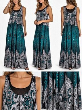ACE Fashion Paisley Maxi Dress in Blue & Black